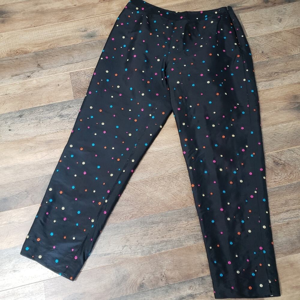 Silkland Black Embroidered Polka‎ Dot High Rise Ankle Silk Pants Size 6